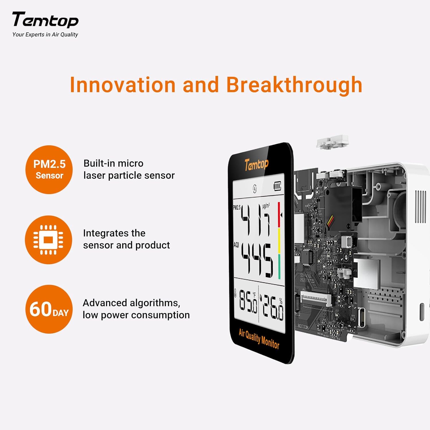Temtop Air Quality Monitor Indoor Thermo-Hygrometer - PM2.5, AQI, Temperature, and Humidity Meter for Home, Office, or School, Air Quality Measurement, 60-Day Battery Life, S1 UP, 30-Pack