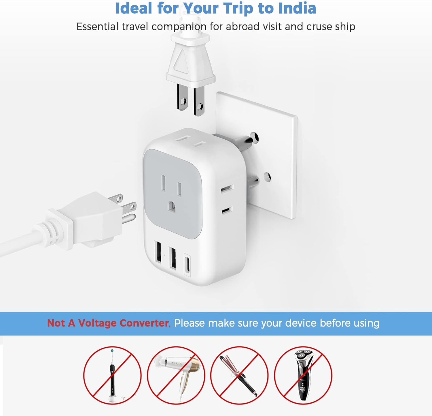 India Plug Adapter 2 Pack, TESSAN Type D Travel Adapter with 4 Outlets 3 USB Charger (1 USB C Port), US to Indian Outlet Adaptor for USA to Bangladesh, India, Kuwait, Maldives