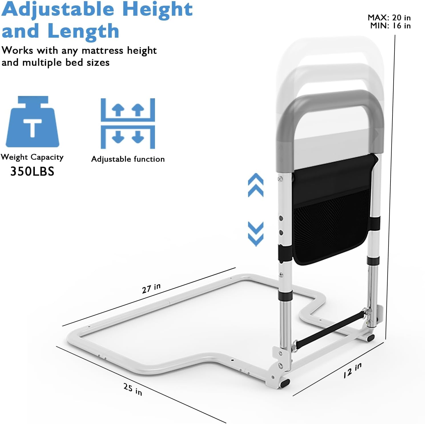 Bed Rails for Elderly Adults Safety, Surgery Patients Adjustable Bed Railings Support Assist Rail for Seniors, Fall Prevent Grab Bar with Storage Pocket, Bed Cane fit King Queen Full Twin Beds (Large)