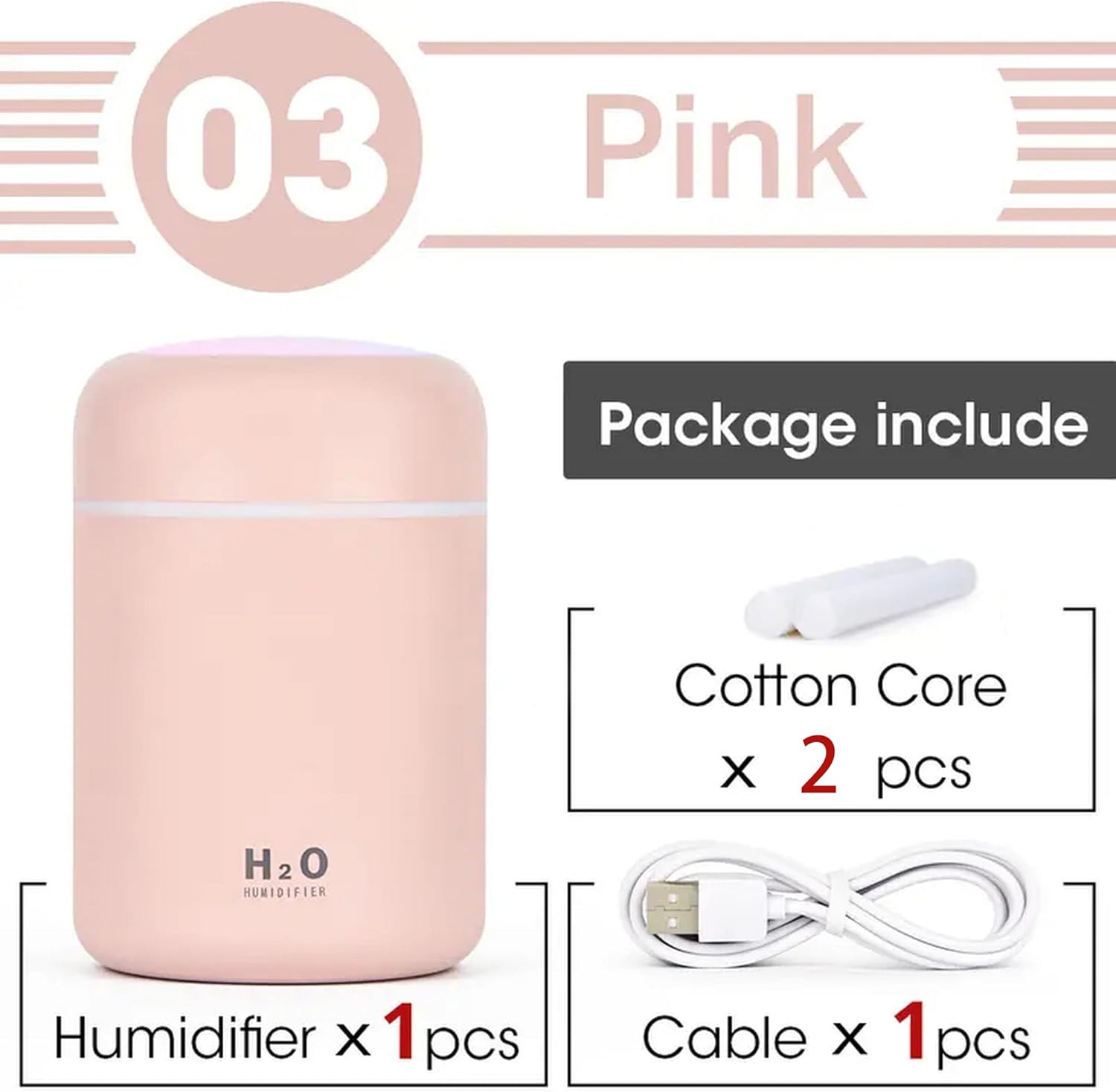 Portable Mini Humidifier, Colorful, Cool Mist, USB Powered. Perfect for Bedroom, Office & Car (300ml, Pink)