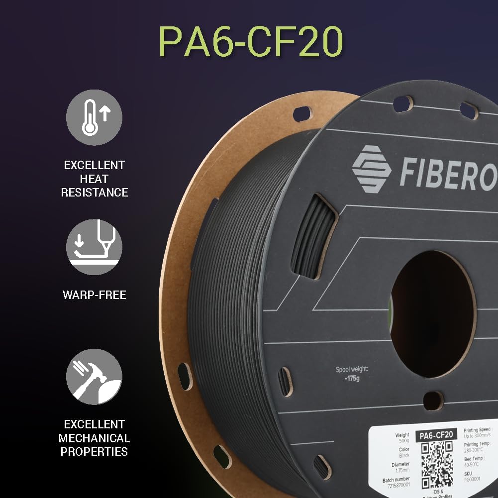 Polymaker Fiberon PA6-CF Carbon Fiber Nylon Filament 1.75mm Black 0.5kg, Fiberon PA6-CF Nylon Warp Free 1.75mm 3D Printing Filament