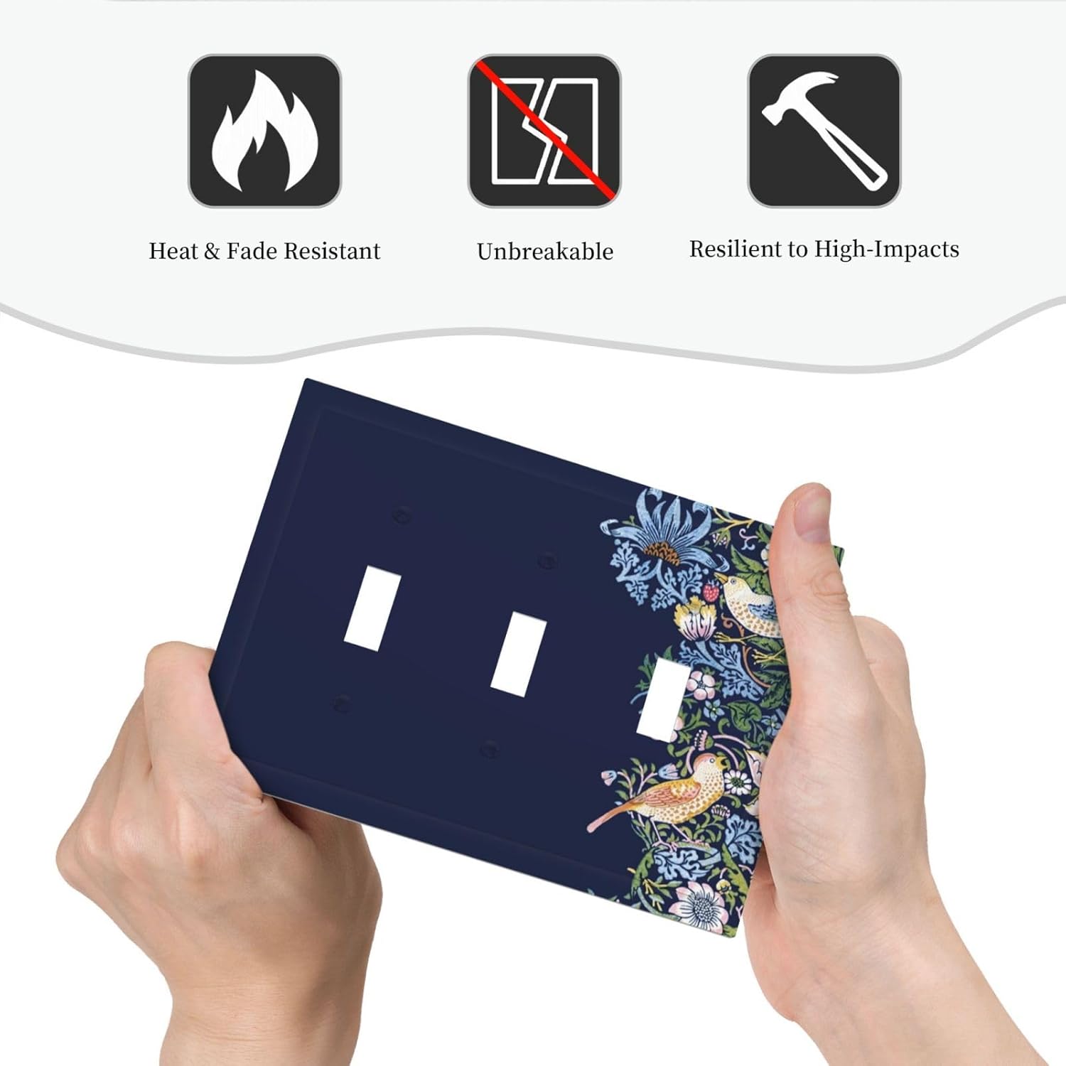 Decorative Light Switch Cover Plate Vintage Blue Morris Strawberry Thief Bird Flower 3 Gang Wall Plate Oversized Triple Toggle Switch Cover Plate Jumbo Faceplate