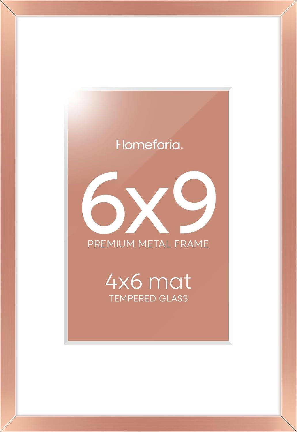 Homeforia Rose Gold 6x9 Picture Frame, High End Metal 6 x 9 Frames with Mat 4 x 6 for Print, 6by9 Desk Frame Matted to 4x6 inch Photo, 6 by 9 Wall or Tabletop Frame, Tempered Glass, Wall Kit, Set of 1