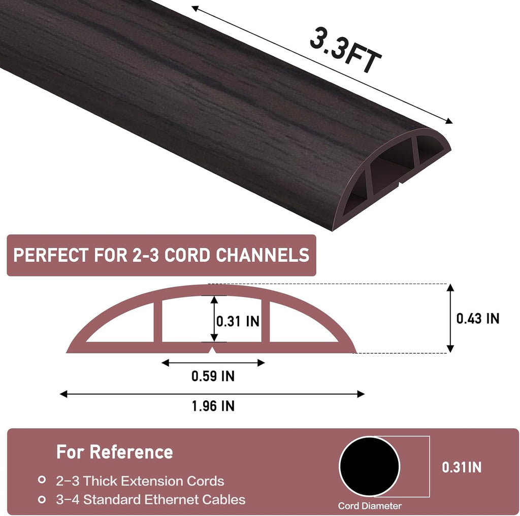 Floor Cord Cover Self Adhesive Cord Hider Floor Extension Cord Covers for Floor Power Cord Protector Cable Management Prevent Cable Trips Cable Cavity 0.59" W x 0.31" H (Dark Walnut, 3.3Ft)