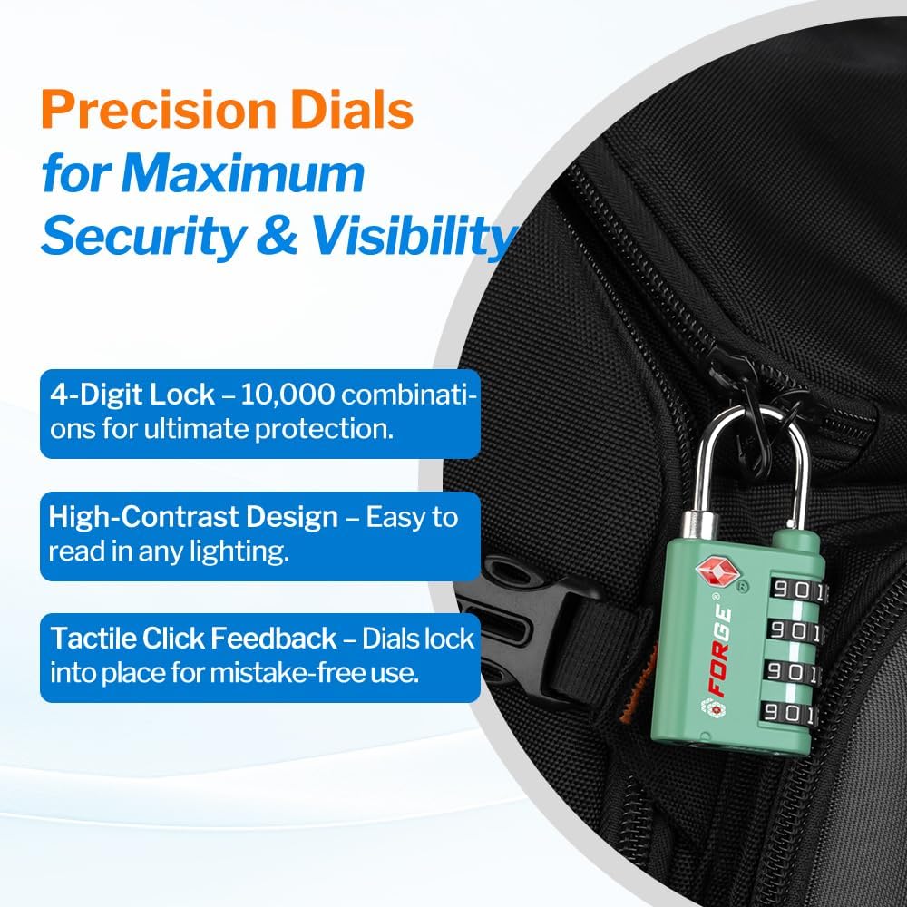 Forge Dual-Opening: Key or Combination Lock, TSA Approved Lock for Luggage, Pelican case, Travel, Gym, School, Luggage Combination Lock, Travel Bag Lock (Green 4 Pk)