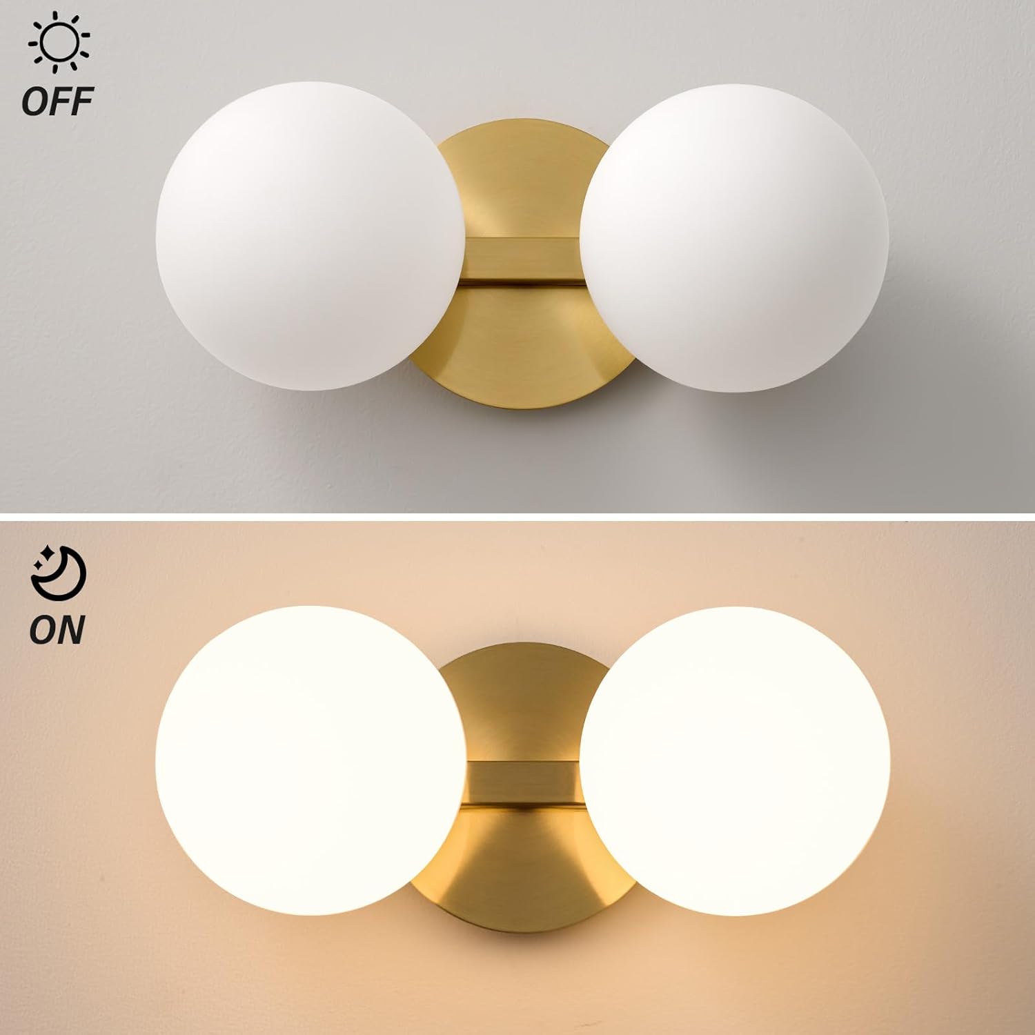 Gold Bathroom Vanity Light Fixtures: Modern Wall Scones With 2 Milk Glass Shades - Globe Makeup Lighting Fixture over Mirror - Brass Ball Powder Room Vanities Lights for Hallway Bedroom Bulbs Excluded