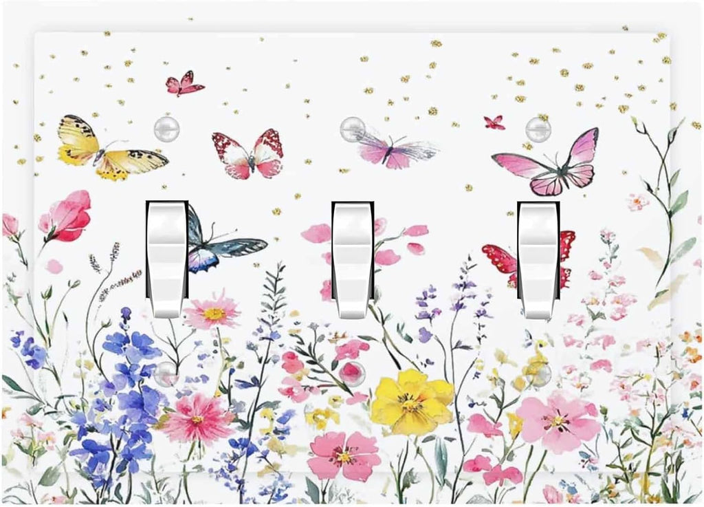 Decorative Switch Plates Watercolor Floral Butterfly Colorful Wildflower 3 Gang Wall Plate Triple Toggle Light Switch Cover Faceplate Electrical Wall Panels For Bed Room Living Room Decor