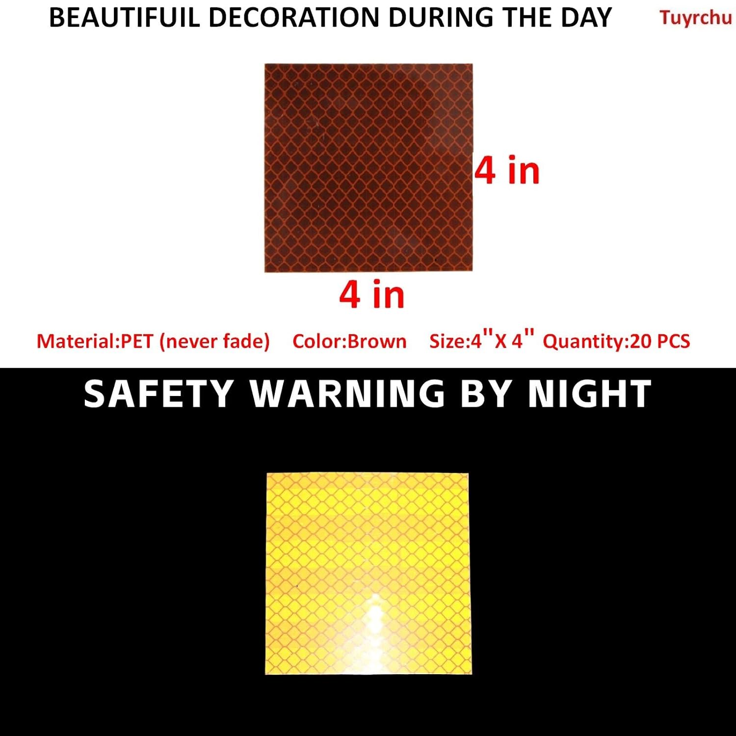 Non Fading Brown Reflective Stickers 4 inch X 4 inch, Outdoor Waterproof High Visibility Warning Safety Adhesive Reflector Tape (20 Pcs)
