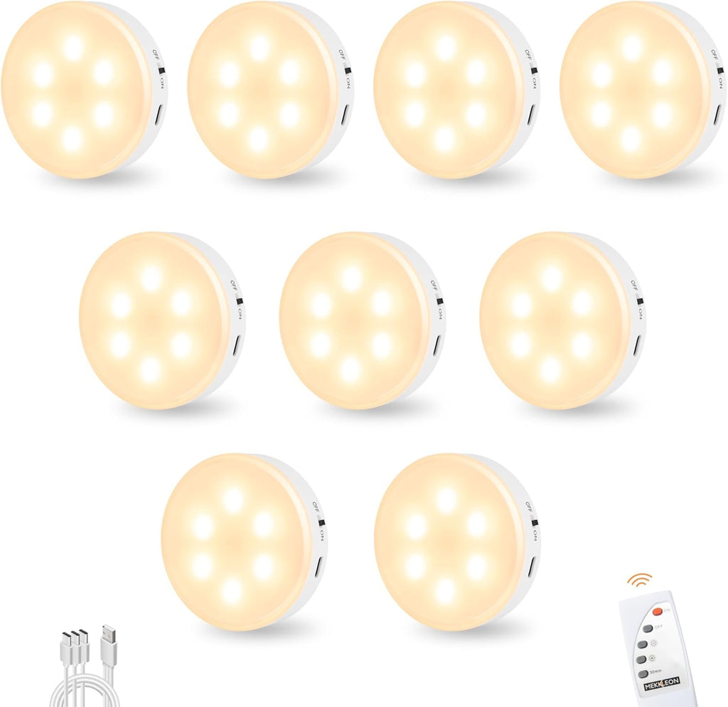 Puck Lights with Remote Control, Under Cabinet Lighting with Magnetic and Cordless, 1200mAh Rechargeable Closet Lights Stick On Lights for Under Cabinet,Hallway, Stairway,Closet （Warm White,9pcs)