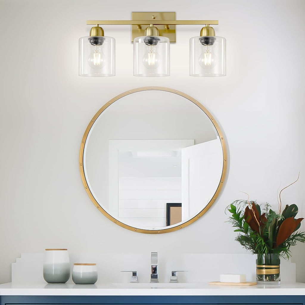 Modern Brushed Gold 3 Light Bathroom Light Fixtures, 19 inch Vanity Lights for Bathroom with Clear Glass, Bathroom Lighting Fixtures Over Mirror for Mirror Kitchen Living Room