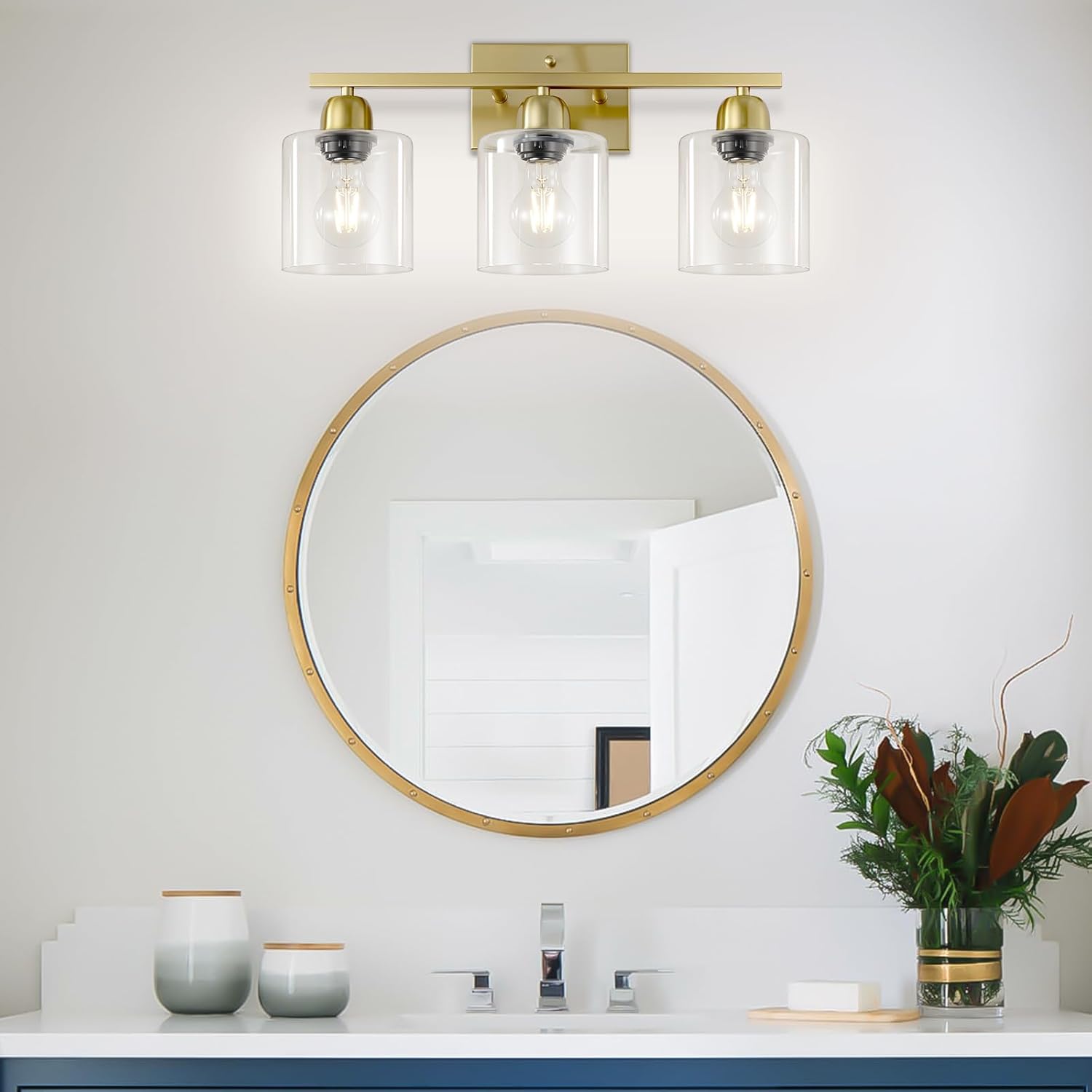 Modern Brushed Gold 3 Light Bathroom Light Fixtures, 19 inch Vanity Lights for Bathroom with Clear Glass, Bathroom Lighting Fixtures Over Mirror for Mirror Kitchen Living Room