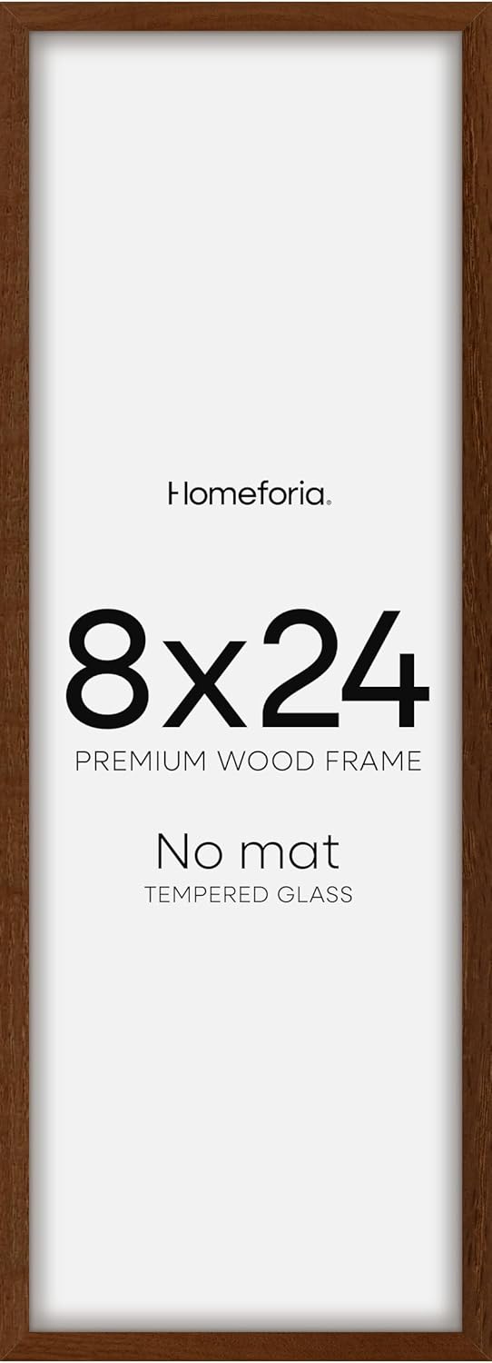 Homeforia 8x24 Panoramic Frame Brown, High End Dark Oak 8 x 24 Picture Frame Wood without Mat, 24x8 Thin Wooden Walnut Poster Frames for Wall, 8 by 24 Display Frame, Tempered Glass, Wall Kit, Set of 1