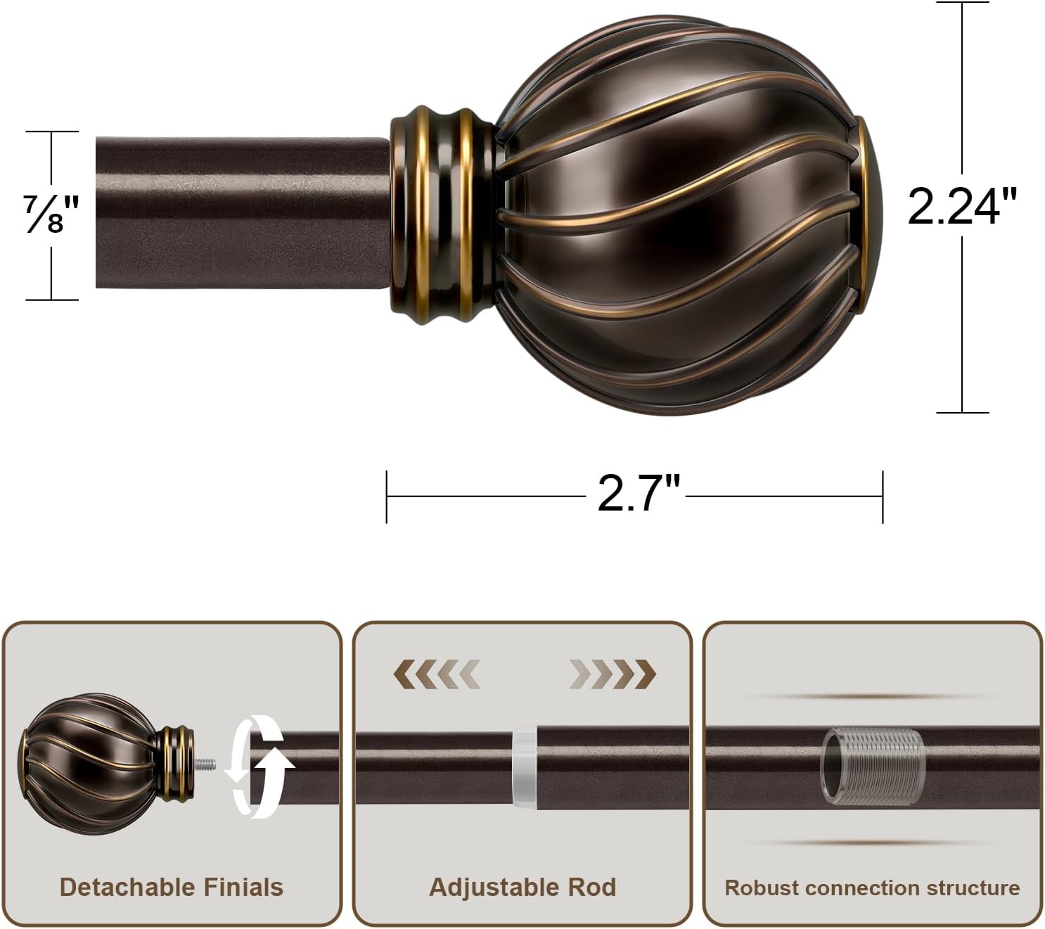 Brown Curtain Rods for Windows 48 to 84 Inch 7/8" Diamete Heavy Duty Adjustable Window Curtain Rod with Decorative Finials for Farmhouse Bedroom Living Room Kitchen Outdoor