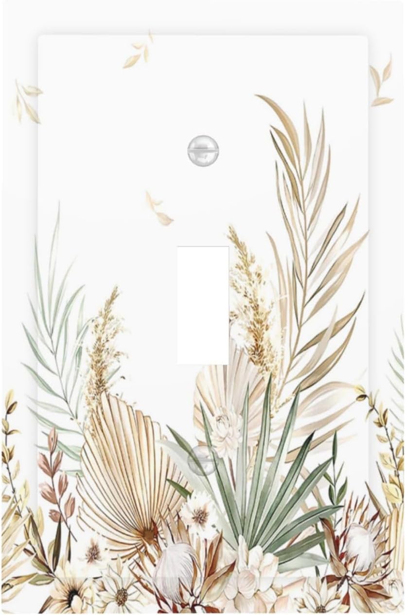 Decorative Light Switch Cover Boho Leaves Watercolor Tan Leaf Floral Plant 1 Gang Single Toggle Decorator Outlet Wall Plate Device Electrical Faceplate Switchplates for Bedroom Home Decor