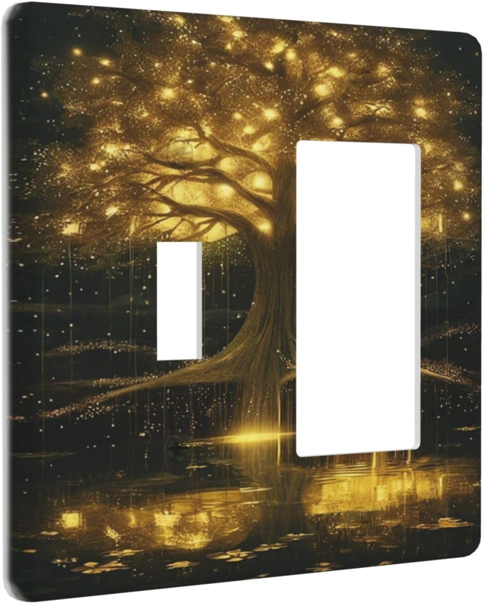Decorative Outlet Covers Golden Shining Fantasy Kabbalah Tree of Life 2 Gang Wall Plate Single Toggle 1 Rocker Light Switch Cover Switch Plate Covers Faceplate for Bedroom Home Decor