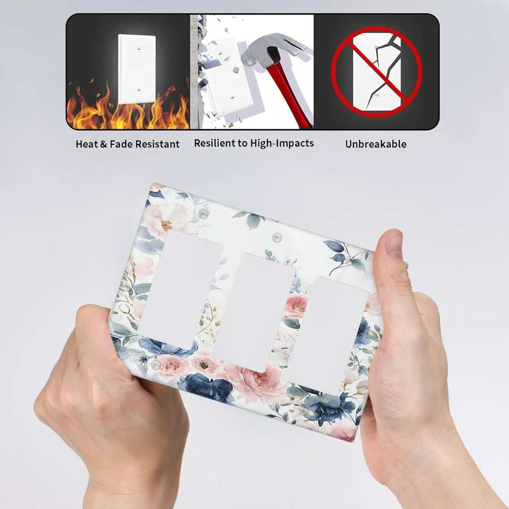 Elegant Watercolor Pink Blue Flowers Floral Triple Rocker Light Switch Covers 3 Gang Outlet Cover Wall Plates Decorative Switch Plates Electrical GFCI Faceplate Switchplate for Home 4.49 X 6.38 IN