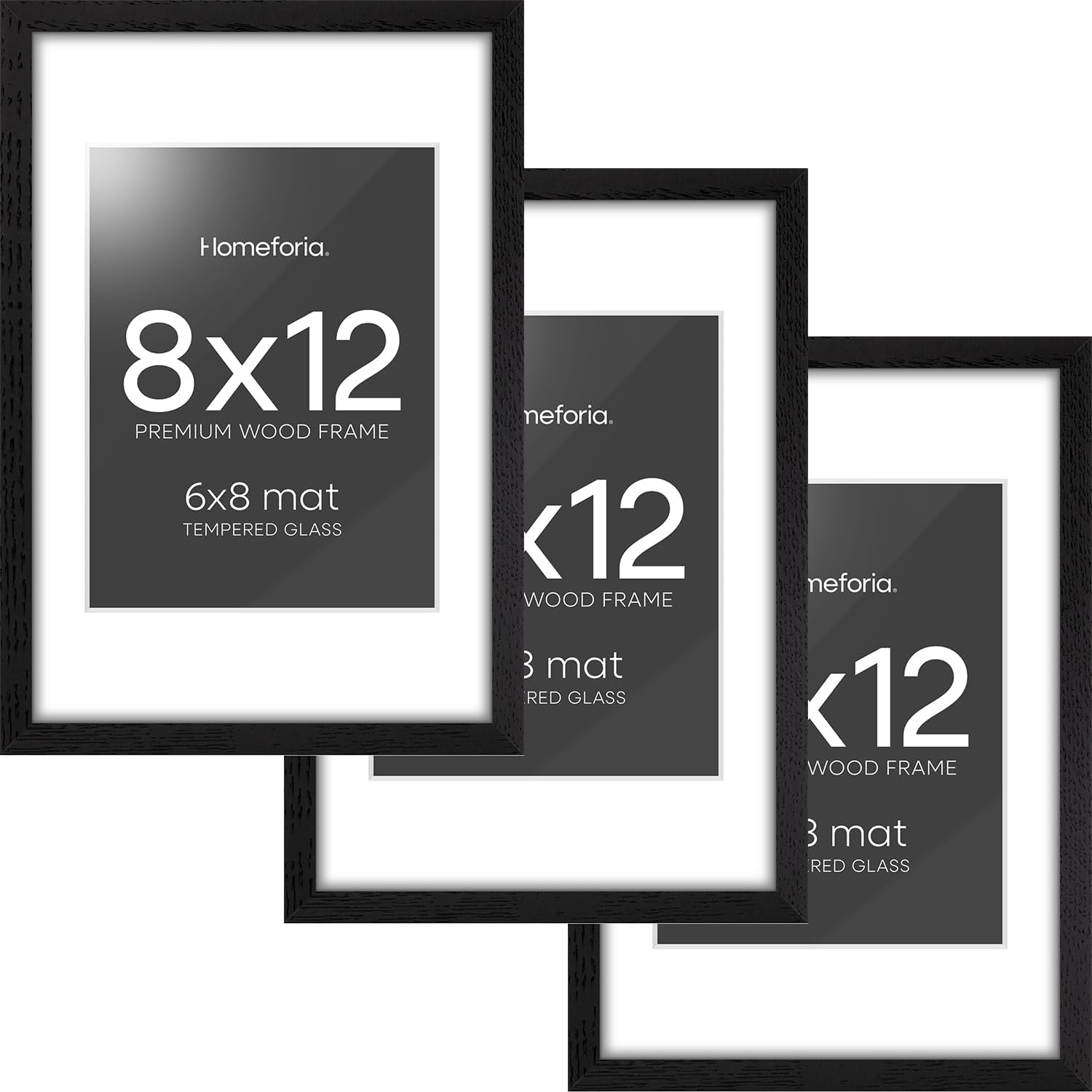 Homeforia 8x12 Black Picture Frame, High End Oak 8 x 12 Wood Frames with Mat 6 by 8 Print, 8by12 Wooden Frame Matted to 6x8 inch Photo, 12x8 Wall or Tabletop Frames, Tempered Glass, Wall Kit, Set of 3