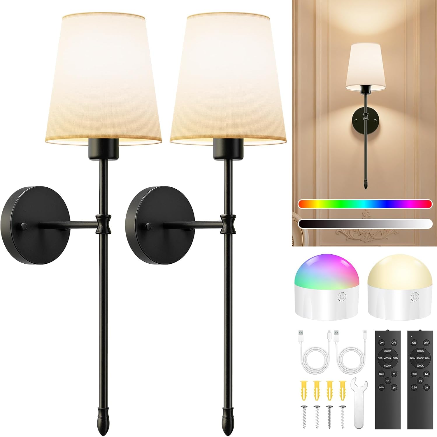 OCATO Battery Operated Wall Sconce: 10000mAh Wireless Wall Sconces Set of Two Rechargeable Lamp Dimmable Magnetic Lights with 7 RGB Colors and Remote Home Decor Walls Decor for Bedroom Living Room