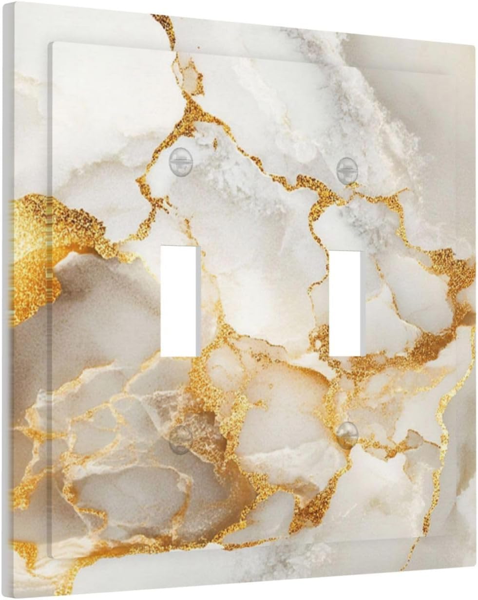 Gold Marble Crack Simple Abstract Print Decorative Switch Plates 2 Gang Double Toggle Outlet Light Switch Cover Wall Plate Electrical Faceplate for Bathroom Kitchen Home Decor