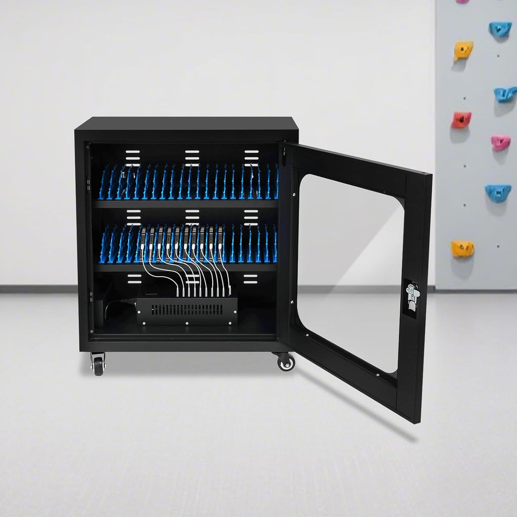 40-Port Mobile Phone Charging Station Cart - Heavy Duty Charging Cabinet for Schools & Offices, 400W Rechargeable Cellphone Locker Storage Lockable Tempered Glass Door & Wheels (Black)