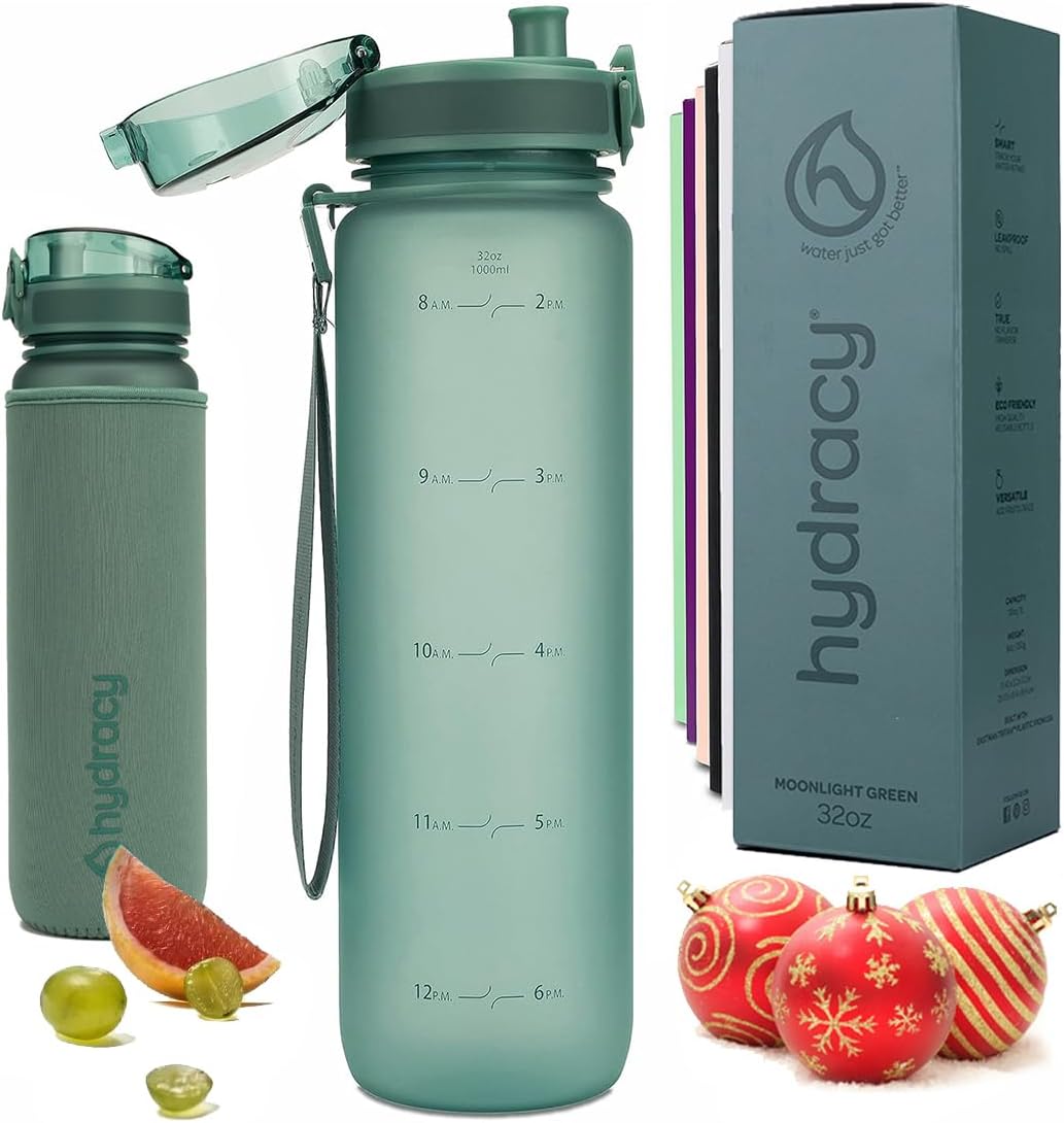 Hydracy Water Bottle with Time Marker -Large BPA Free Water Bottle & No Sweat Sleeve -Leak Proof Gym Bottle with Fruit Infuser Strainer & Times to Drink -Ideal for Fitness Sports & Outdoors
