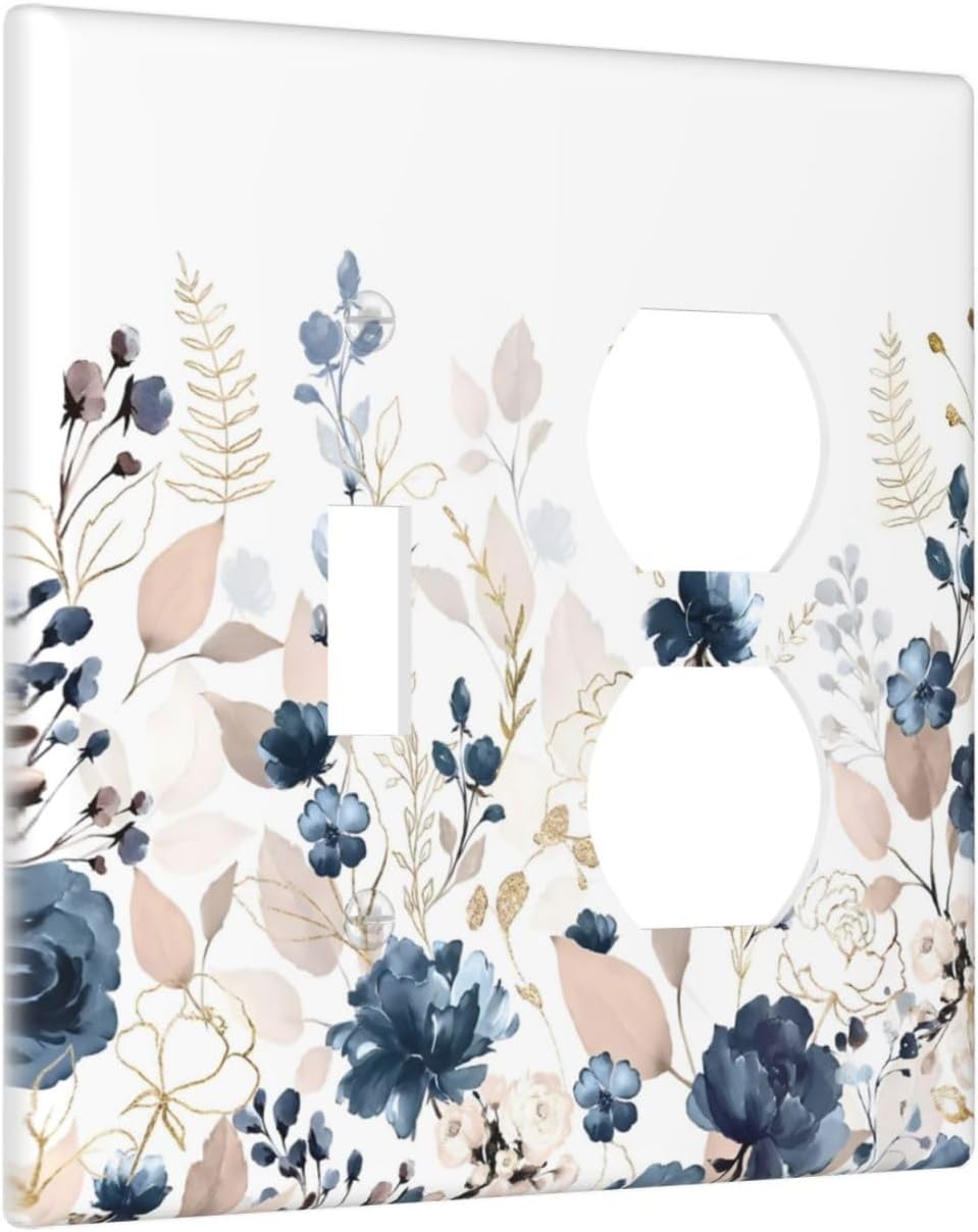 Blue Flora Boho Vintage Flower Golden Leaves Wallplates 1 Toggle 1 Duplex Switch Plate Electrical GFCI Faceplate Decorative Light Switch Covers for Bedroom Living Room Decor