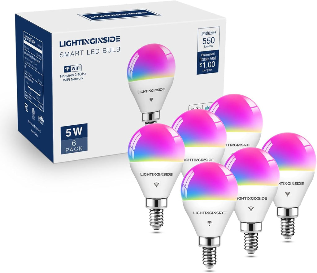 Lightinginside E12 Smart Light Bulbs 50W Equiv., G16.5 RGBCW Candelabra Chandelier Ceiling Fan Smart Bulb Works with Alexa/Google Home/Smart Life, 5W 550LM, 2.4G WiFi Bluetooth Bulb, ETL Listed, 6PCS