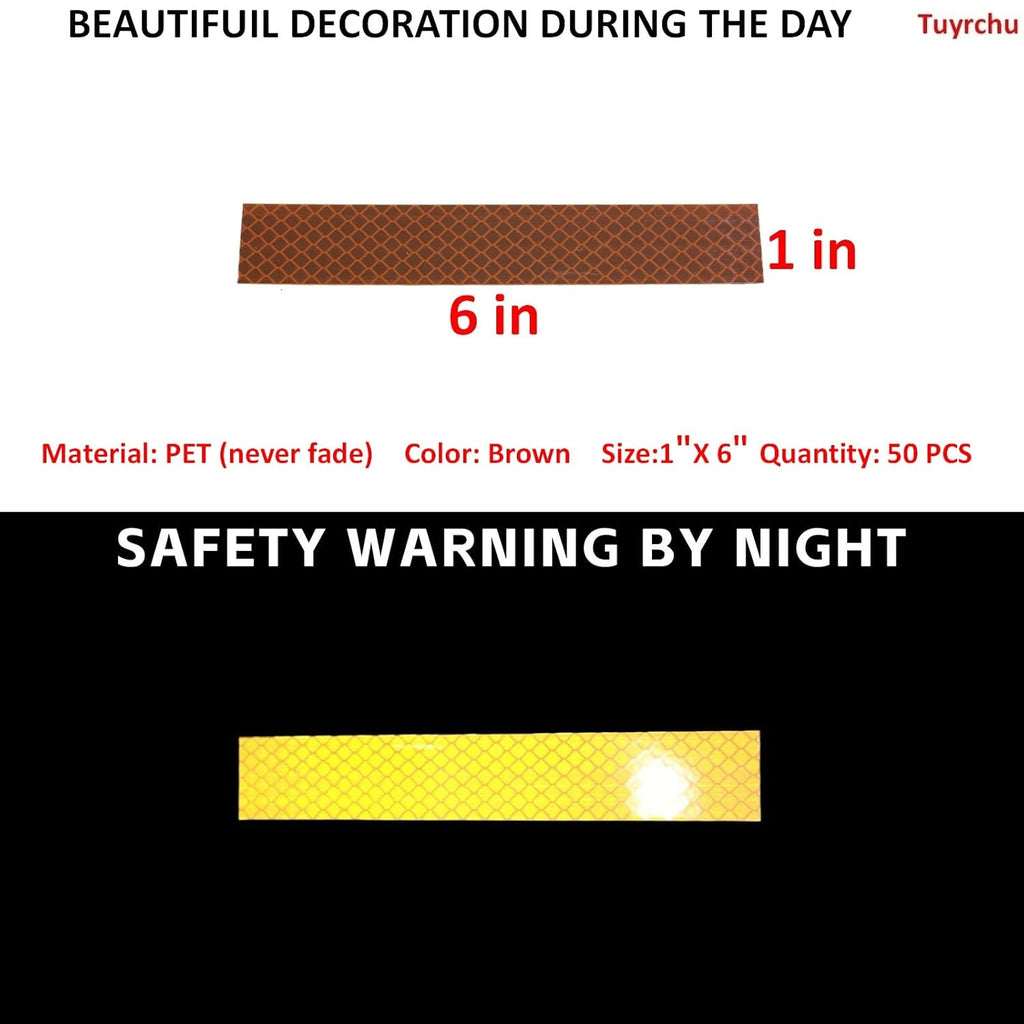 Non Fading Brown Reflective Stickers 1 inch X 6 inch, Outdoor Waterproof High Visibility Warning Safety Adhesive Reflector Tape (50 Pcs)