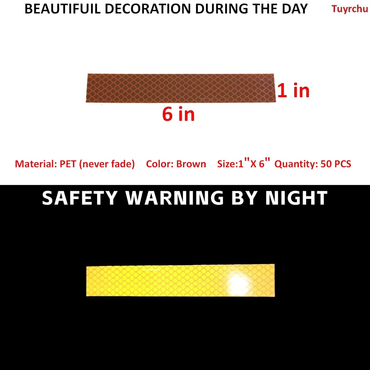 Non Fading Brown Reflective Stickers 1 inch X 6 inch, Outdoor Waterproof High Visibility Warning Safety Adhesive Reflector Tape (50 Pcs)