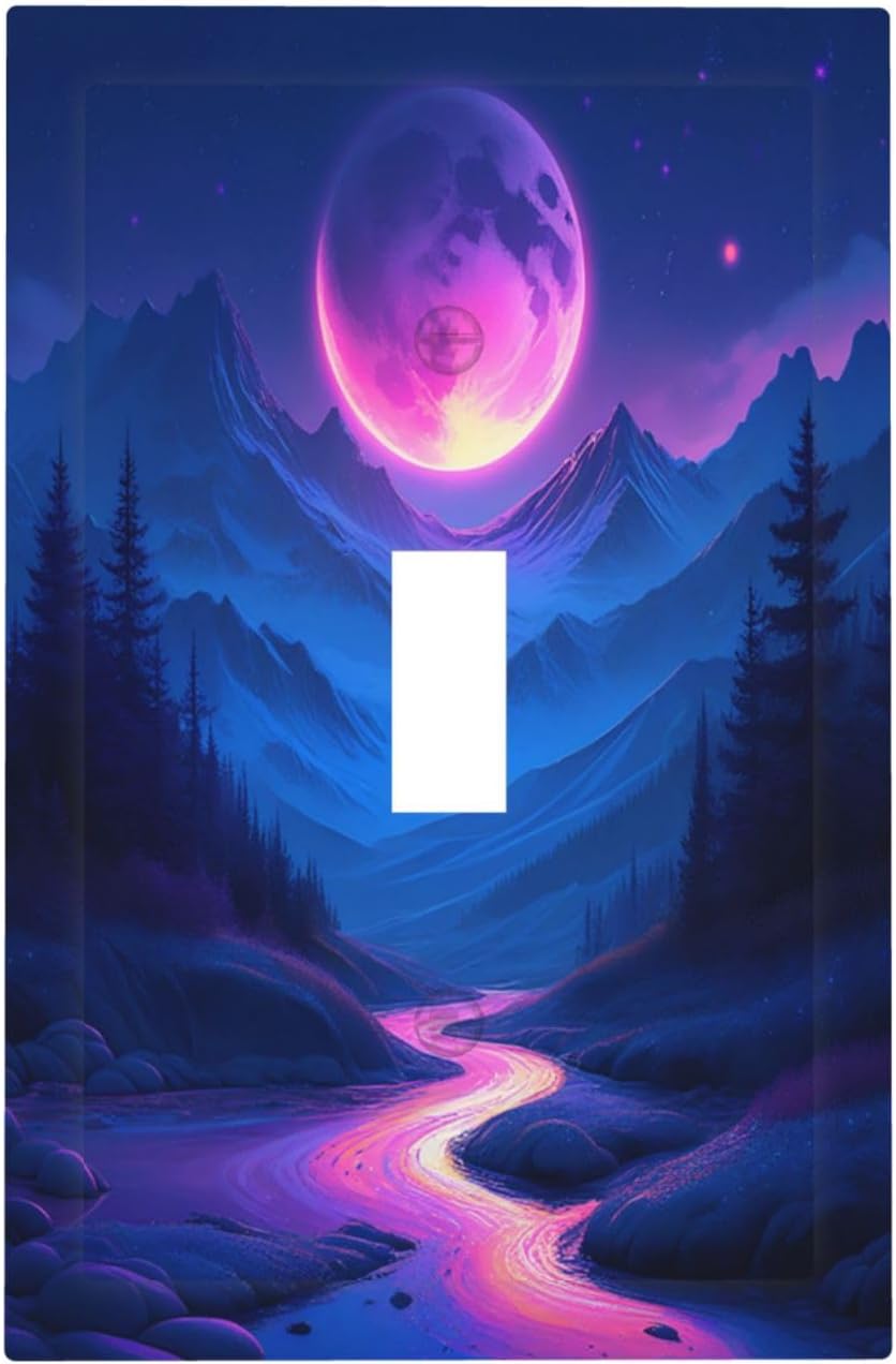 Purple Cyberpunk River Full Moon Mountain Forest Decorative Light Switch Cover 1 Gang Single Toggle Decorator Outlet Wall Plate Device Electrical Faceplate Switchplates for Bedroom Bathroom