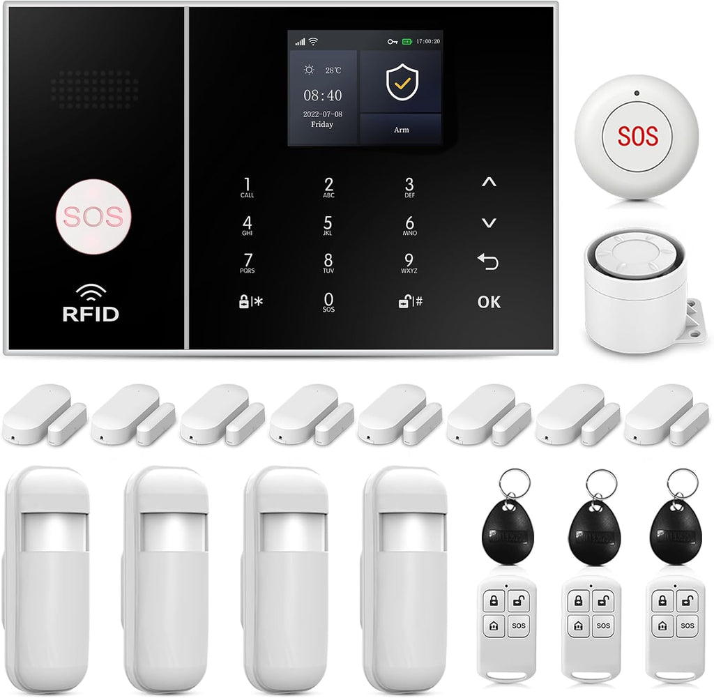 4G Smart Home Security Alarm Kit, Wireless WiFi Home Alarm System with Siren, PIR Motion Sensor, Remote Controls, Window/Door Sensor