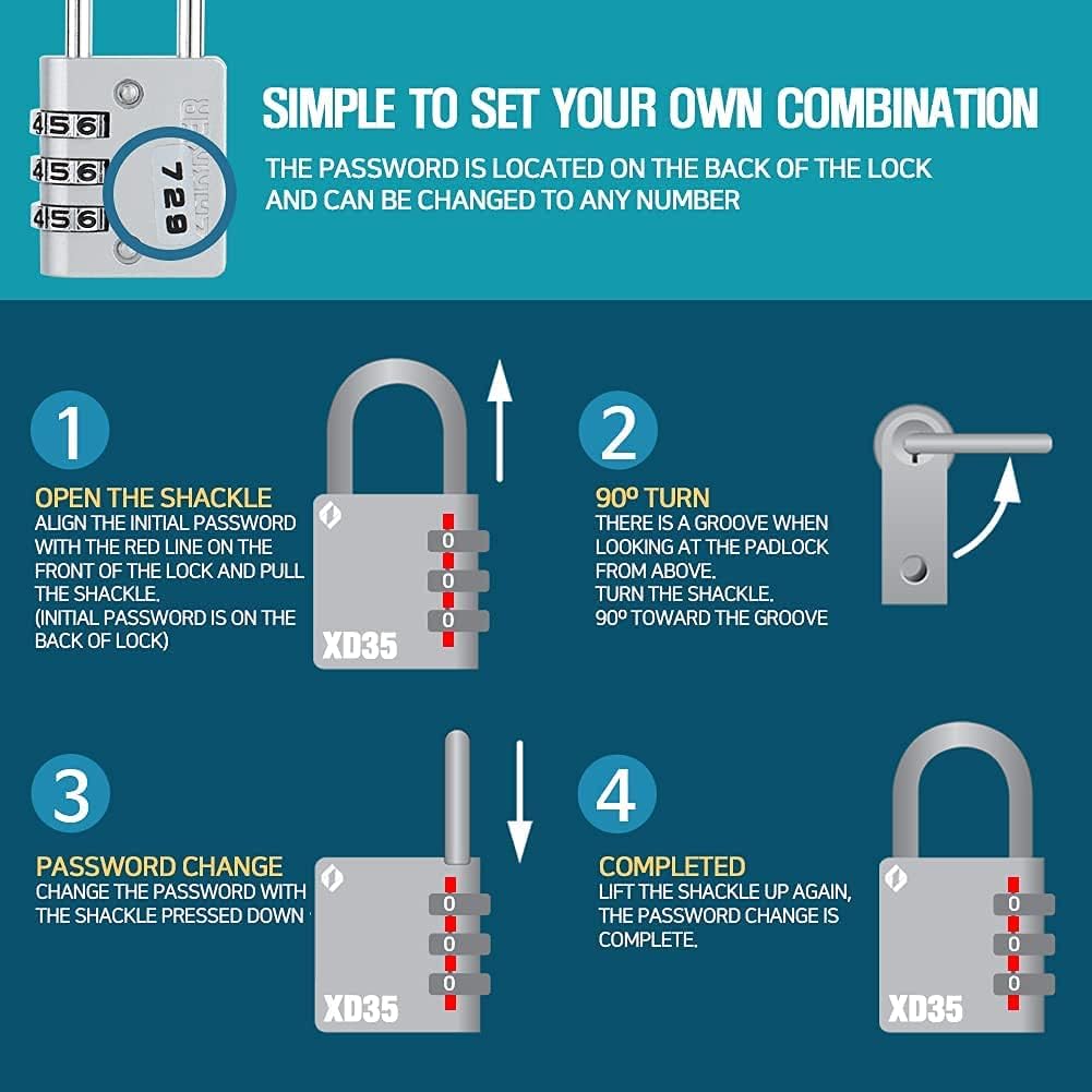 XD35 Combination Lock, 3-Digit Padlock for School Gym Sports LockerLock, Fence, Toolbox, Case, Hasp Storage (1-Pack, Gray)