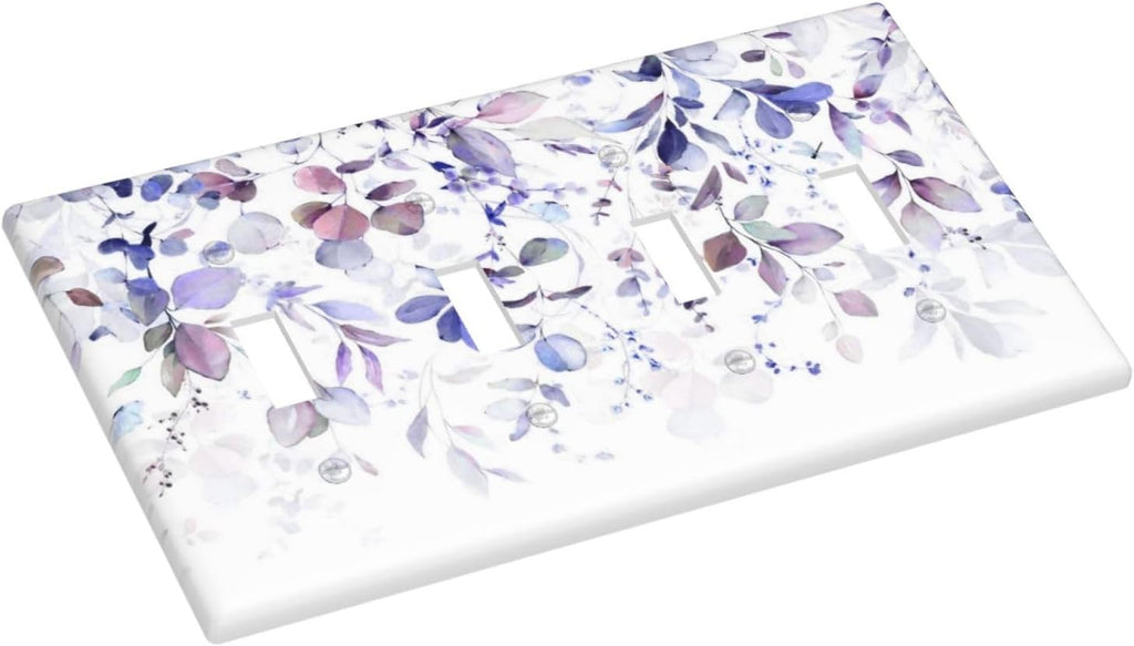 Purple Eucalyptus Watercolor Floral Rustic Leaf Light Switch Covers Quad Toggle Electrical Faceplate 4 Gang Wall Plate Decorative Switch Plates for Farmhouse Home Decor