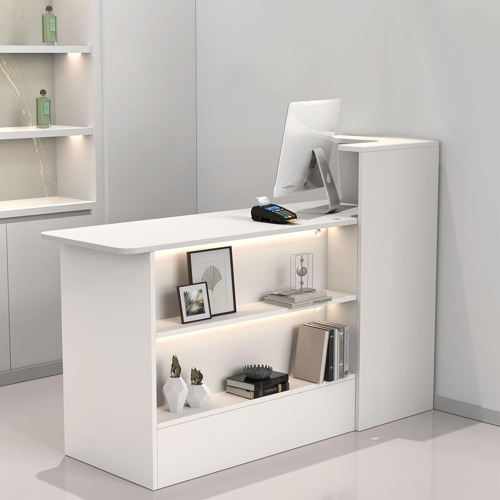 Modern Reception Desk with LED Lights - 59" Front Desk Reception Counter with Dual Display Shelves & Hidden Cable Management, Lockable Drawer & Storage Cabinet for Office, Salon, Spa, Retail, Left