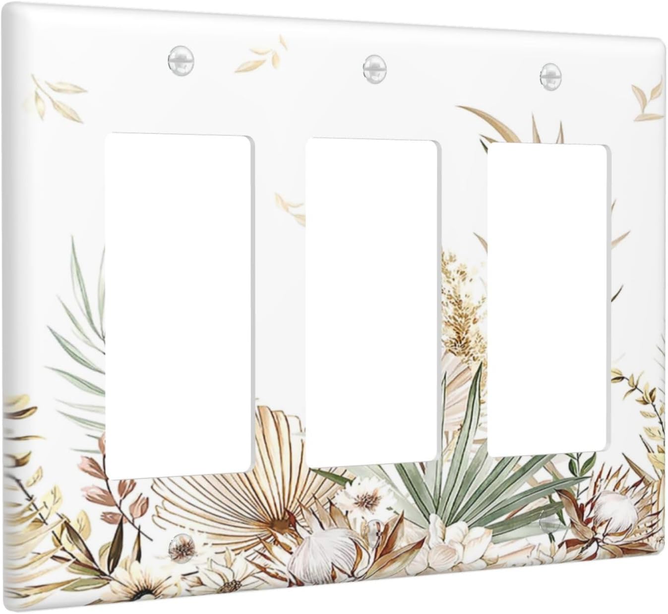 Light Switch Covers Boho Leaves Watercolor Tan Leaf Floral Plant 3 Gang Rocker Electrical GFCI Decorative Triple Outlet Wall Plate Cover Switchplate for Bedroom Home Decor