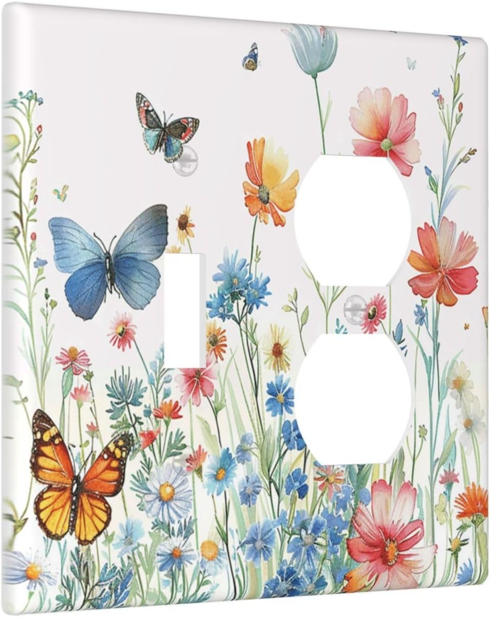 Decorative Outlet Covers Rustic Wildflower Blue Pink Floral Butterfly 2 Gang Light Switch Cover Plate Single Toggle Duplex Wall Plates for Electrical Outlets Switch Plate Covers for Home Decor