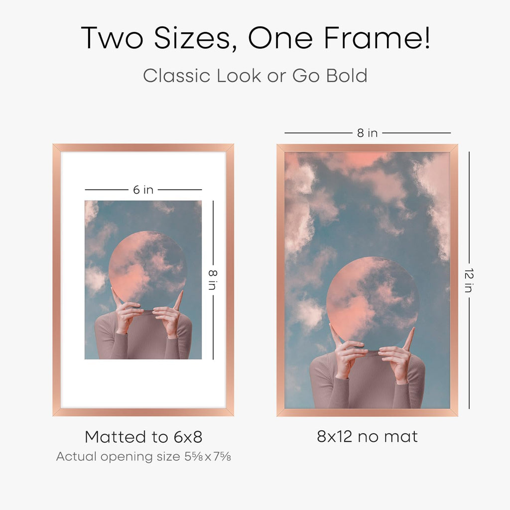 Homeforia 8x12 Picture Frame Rose Gold, High End Metal 8 x 12 Poster Frames with Mat 6 by 8 Photo, 12x8 Frame Matted to 6x8 inch Print, 8by12 Wall or Tabletop Frame, Tempered Glass, Wall Kit, Set of 2