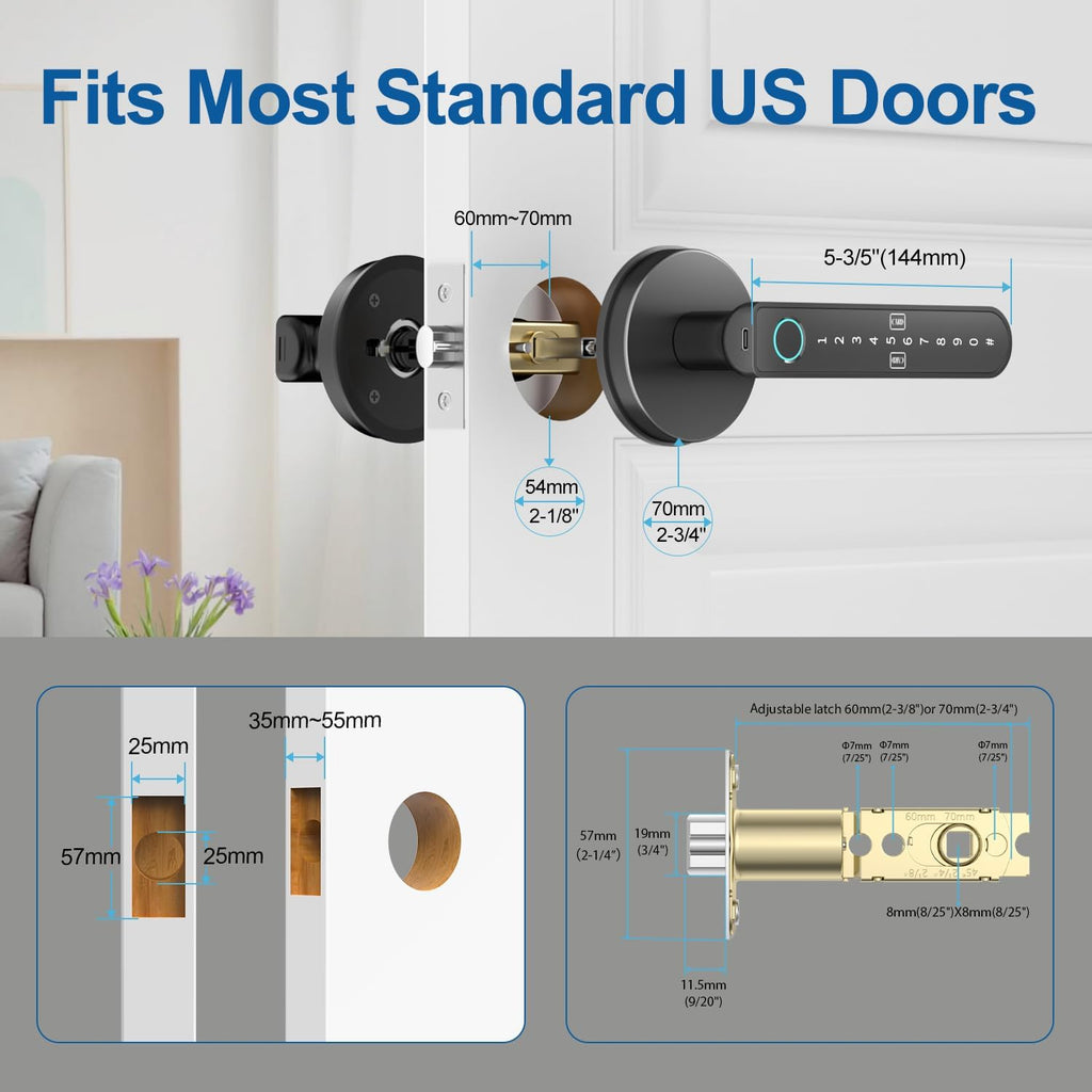 Fingerprint Door Lock – Fingerprint Door Knob Knob with 5 Unlock Options, Anti-Peep Code, Adjustable Auto-Lock, Inside Lock, for Home, Office, Apartment, Bedroom – Black