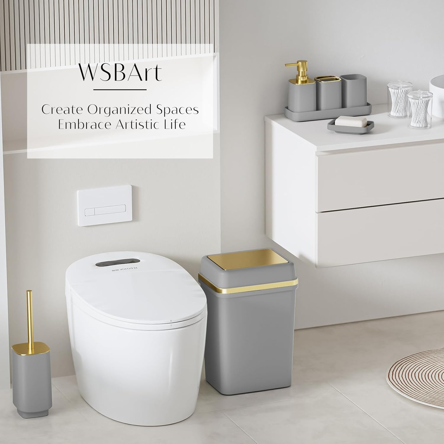 9PCS Bathroom Accessory Set, Grey Bathroom Set with Large-Capacity 4 Gallon Trash Can, Bathroom Accessories Set Complete, Toothbrush Holder, Soap Dispenser, Toilet Brush, Bathroom Decor