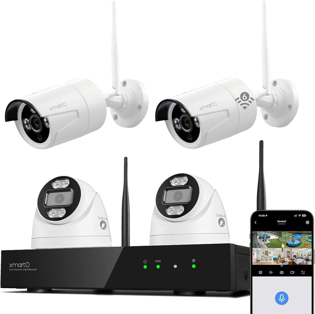 xmartO 10CH 4 Pcs Home Security Camera Kit, 2 * 2K HD Dome Camera and 2 * 2K 3MP Super HD WiFi Home Security Camera, 2-Way Audio, Night Vision, 24/7 Surveillance Camera, No Monthly Fee
