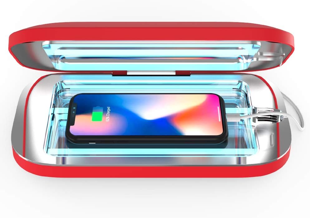 PhoneSoap Pro UV Smart Phone Sanitizer & Universal Cell Phone Charger Box | Patented & Clinically Proven 360-Degree UV-C Disinfection | Disinfects and Charges All Phones (Red)