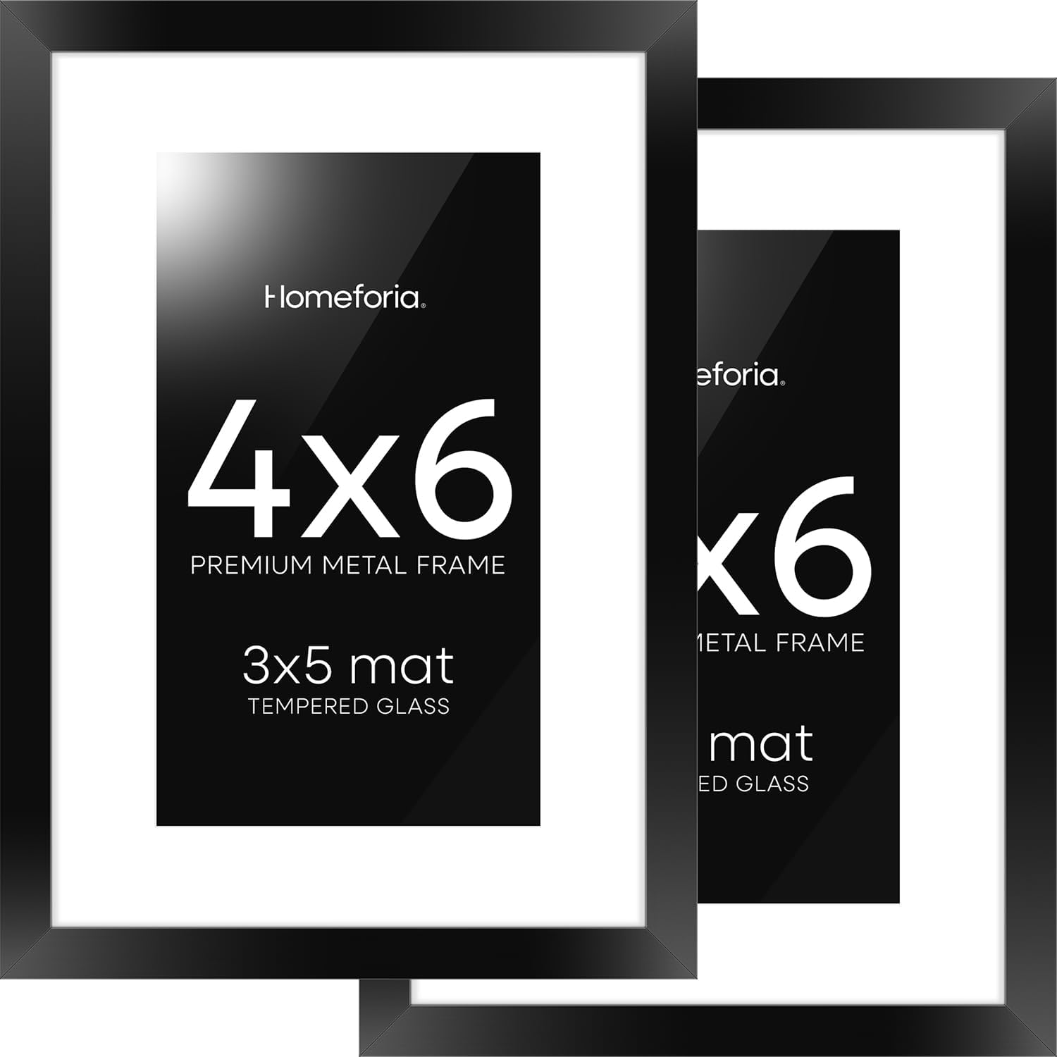 Homeforia 4x6 Picture Frame Black, High End Metal 4 x 6 Black Frames with Mat 3 x 5 for Art, 4x6 Desk Frame Matted to 3x5 inch Photo, 4 by 6 Wall or Tabletop Frames, Tempered Glass, Wall Kit, Set of 2