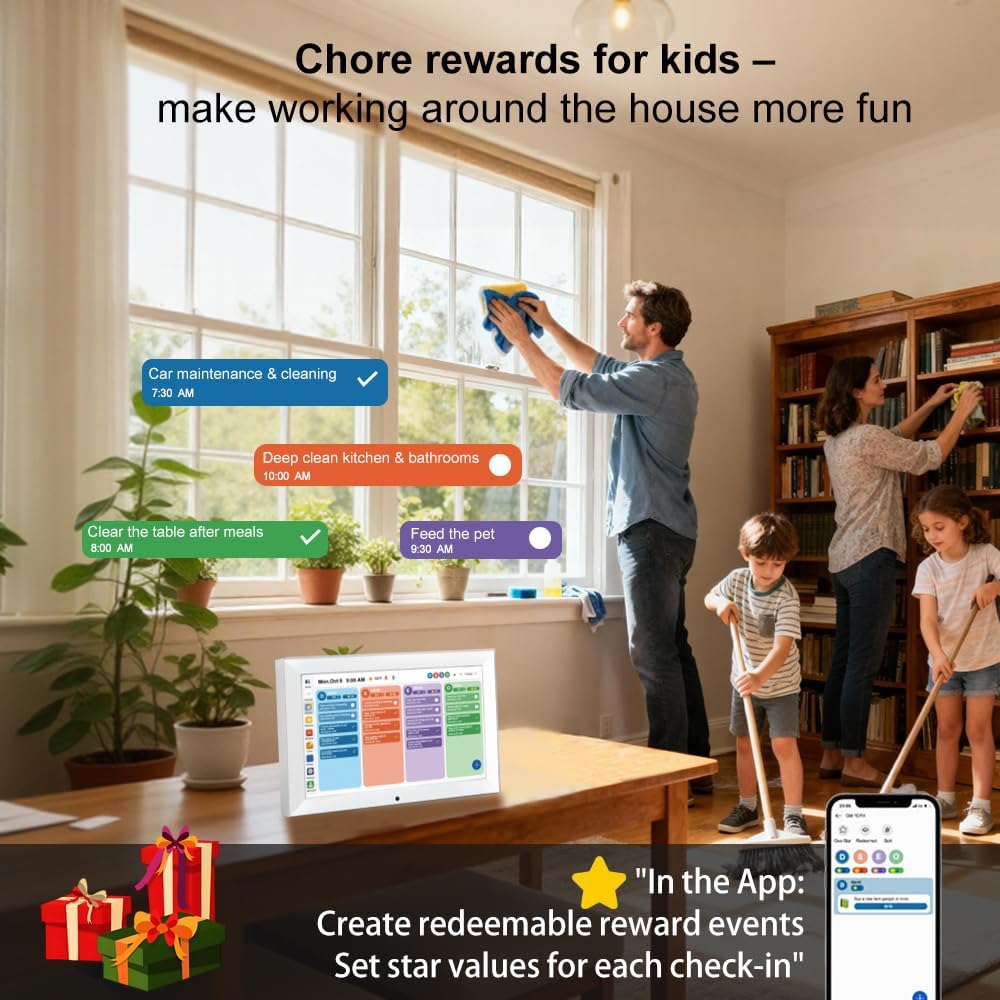 Digital Calendar Planner Interactive Touchscreen Chore Chart Smart Schedule Meal Plan Family Photo Display Sync Calendar Wall & Desk Mountable (10.1 inch)