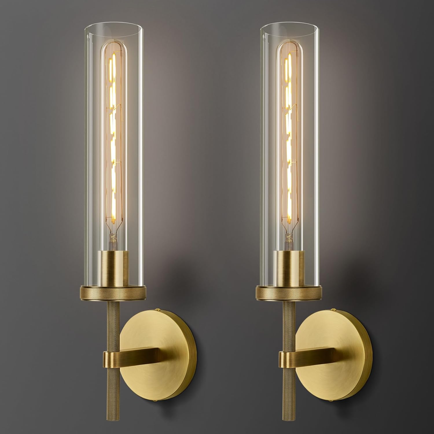 Brass Wall Sconces Set of Two, 19.48" Modern Wall Lighting with Clear Glass Tube, Bathroom Vanity Lights, Bronze Sconces Wall Lights for Bedroom, Living Room, Hallway, Staircase (Including Bulb)