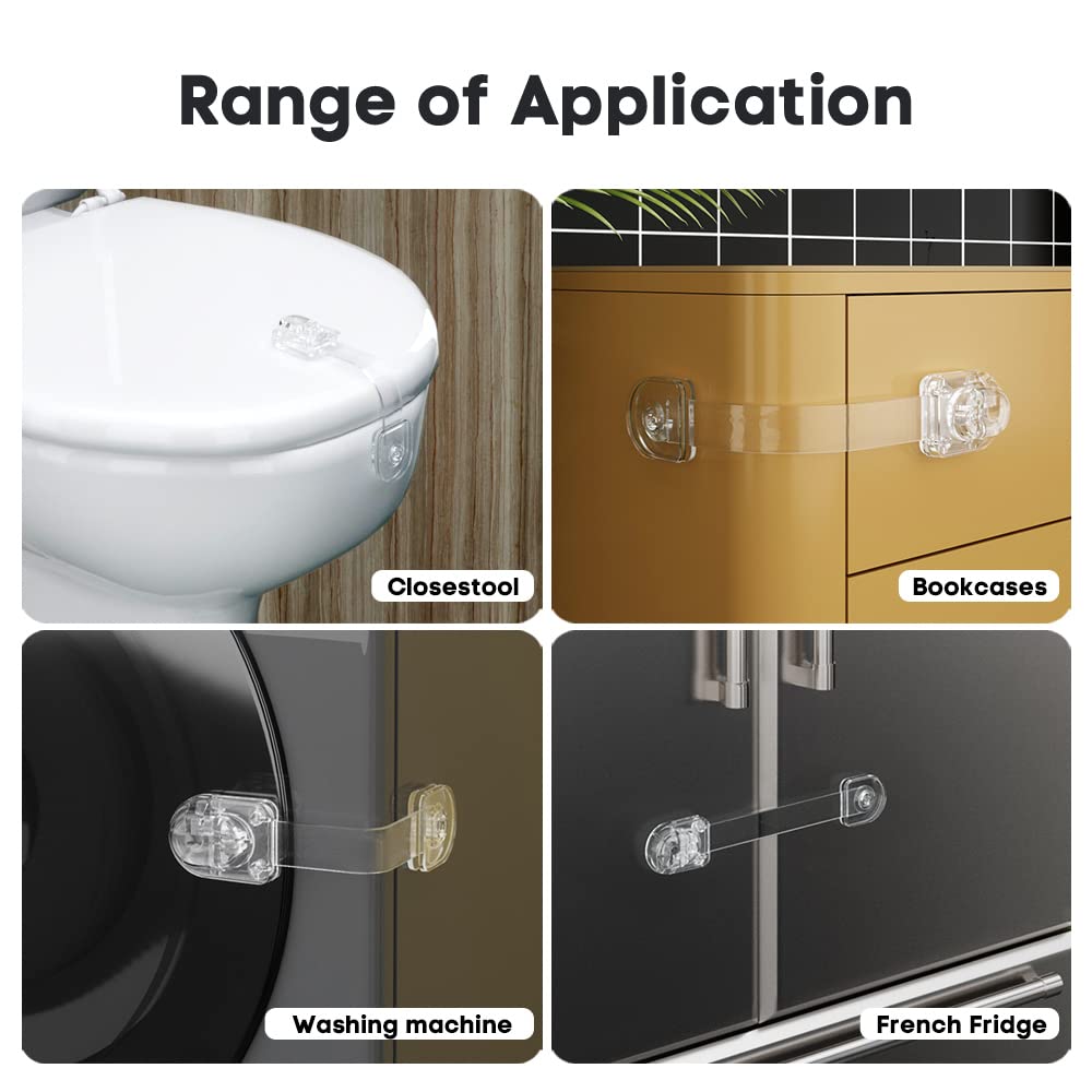 EUDEMON 3 Pack Child Safety Locks, Childproof Strap Locks for Drawers, Fridges, Toilets, Cupboards, Ovens, Cabinets, Multi Use Baby Cabinet Latches, Easy to Install, No Drilling (Transparent)