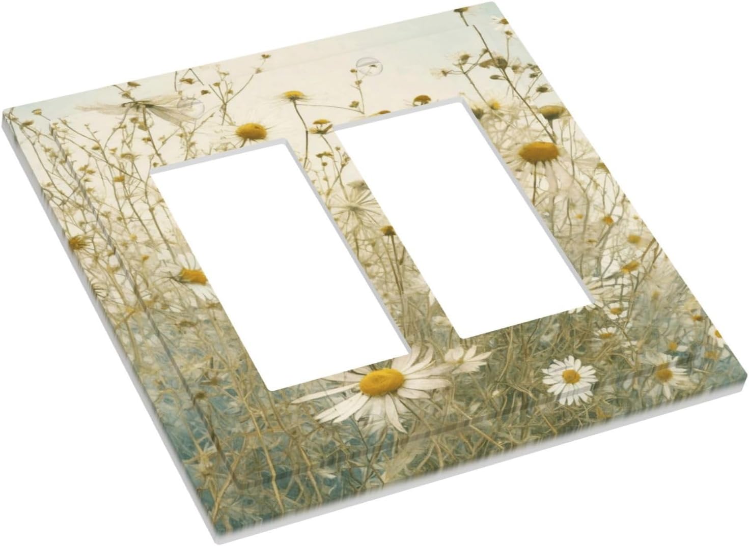 White Wildflowers Daisy Vintage Floral Decorative Outlet Covers 2 Gang Double GFCI Rocker Electrical Wall Panels Light Switch Cover Plate for Bed Room Living Room Decor