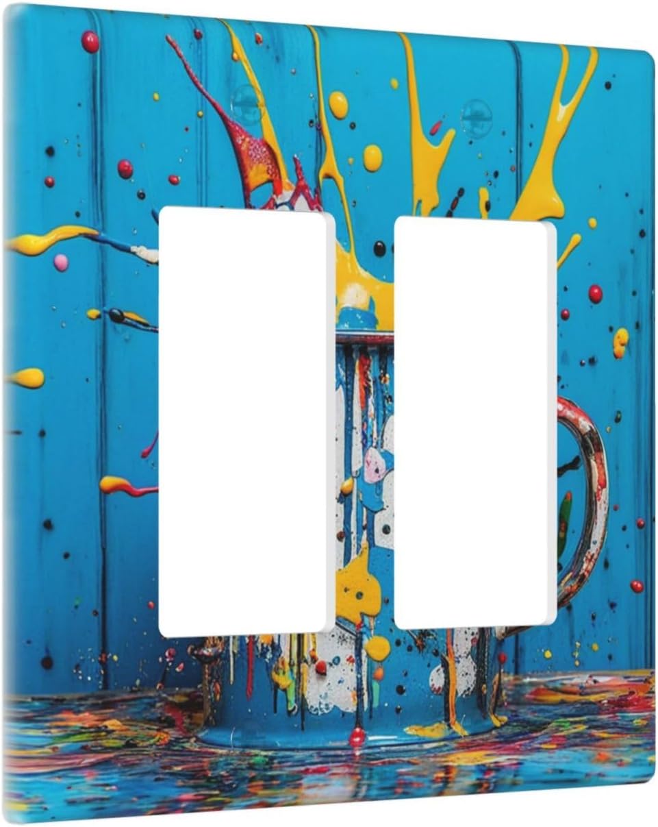 Decorative Outlet Covers Colorful Paint Splatters Blue Wood Plank 2 Gang Wall Plate Double Rocker Two Switch Wall Cover Plate Jumbo Dual GFCI Faceplate for Home Decor