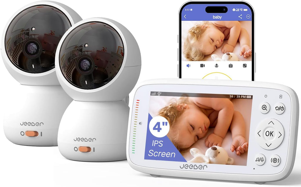 1080P WiFi Baby Monitor with 2 Camera and Audio, Pan-Tilt-Zoom Video Camera, 4'' IPS Screen, HD Night Vision, Motion & Cry Detection, 360° View, Temperature Sensor, Feeding Reminder, Lullabies