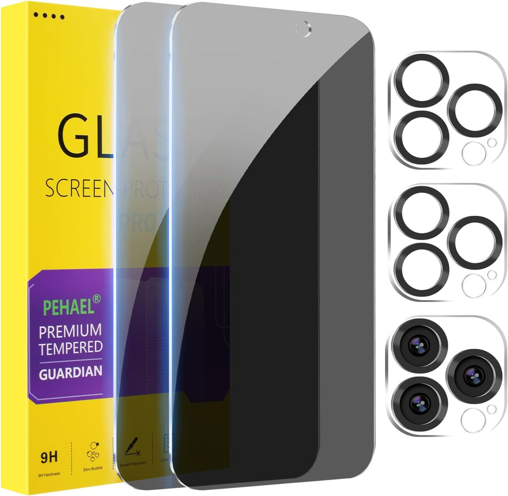 PEHAEL 2+2Pack for iPhone 15 Pro Max Privacy Screen Protector with Camera Lens Protector Full Coverage Anti-Spy Tempered Glass Film 9H Hardness Easy Installation Bubble Free [6.7 inch]