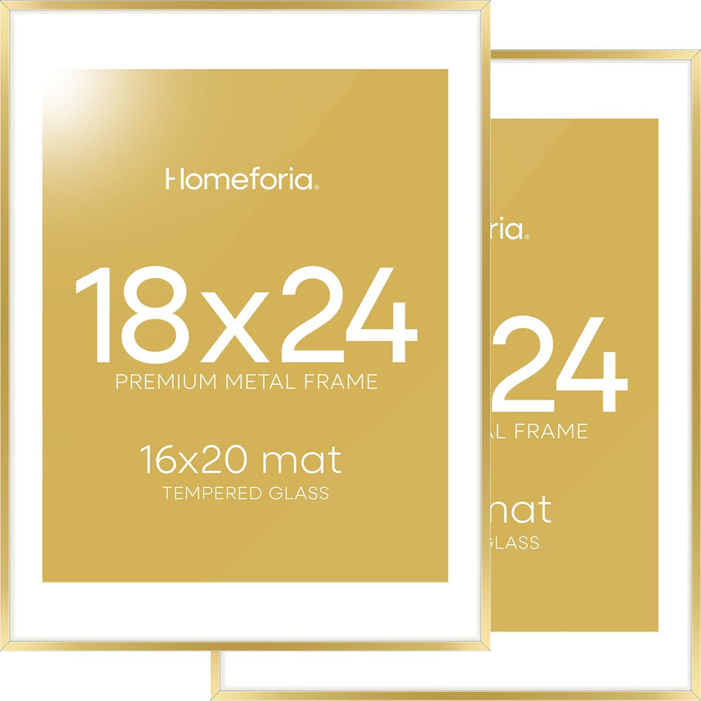 Homeforia 18 x 24 Poster Frame Gold, High End Metal 18x24 Picture Frames with Mat 16x20 Photo, 18 x 24 Gold Frame Matted to 16 by 20 Print, 24x18 Thin Hanging Frame, Tempered Glass, Wall Kit, Set of 2